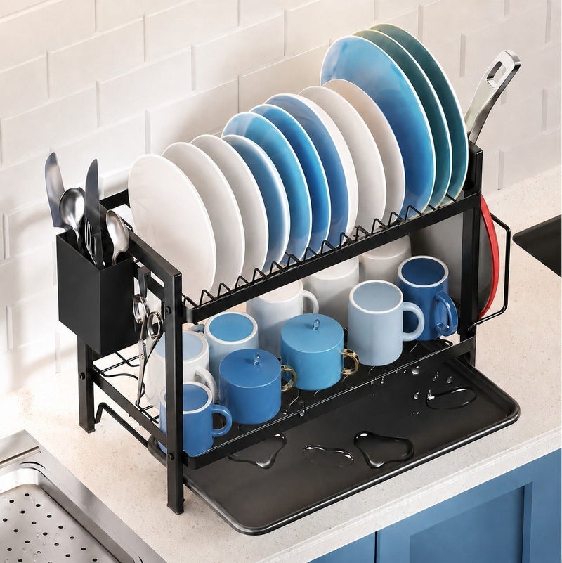 O2. Dish Drying Rack, Space Saving Rustproof 2-Tier Dish Drainers Strainer with Drainboard, Utensil Holder, Black - Image 5