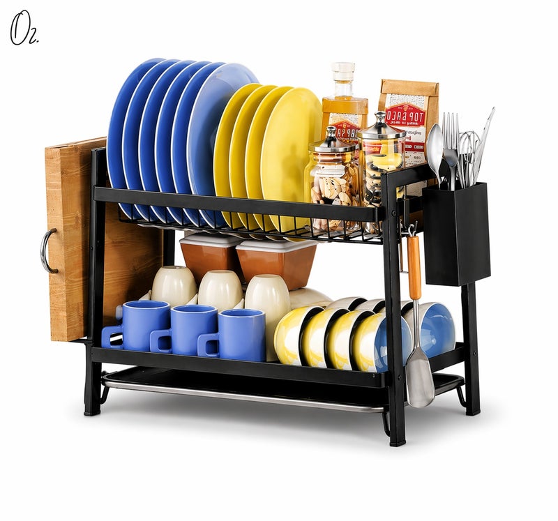 O2. Dish Drying Rack, Space Saving Rustproof 2-Tier Dish Drainers Strainer with Drainboard, Utensil Holder, Black - Image 1
