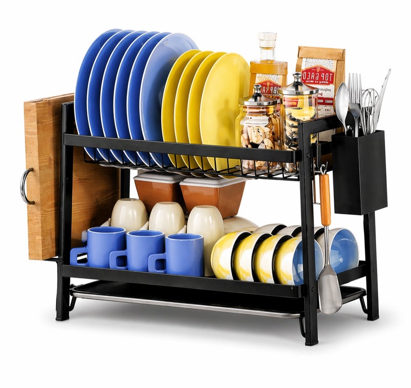 O2. Black 2-Tier Dish Drying Rack with Drainboard, Utensil Holder and Cutting Board Holder for Kitchen Countertop, Space-Saving Dish Drainer Organizer for Plates, Bowls, Cups and Kitchen Tools, (53 × 25 × 34 cm) - Image 1