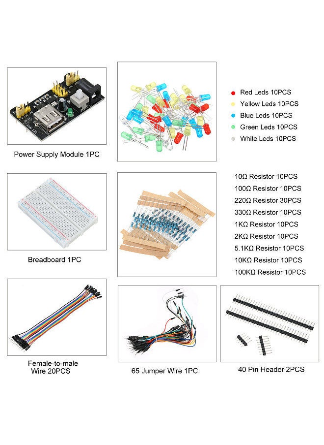 Generic - Electronic Fun Kit Bundle with Breadboard Cable Resistor Capacitor Leds Potentiometer Replacement for Arduino Respberry Pi - Image 1