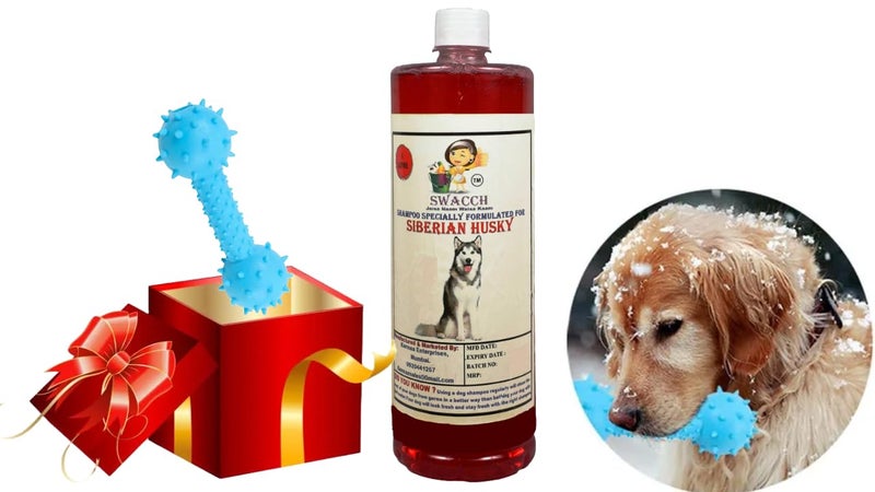 swacch Siberian Husky Dog Shampoo + Dumbbell Toy I Durable Rubber Dog Toy for Chewing I Playing,Teeth Cleaning & Training Toy I Combo Pack I 1 Litre Strawberry - Image 1