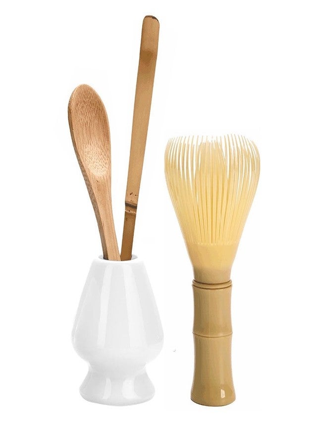Alotm Matcha Whisk Set, Japanese Style (4pcs) - PP Resin Whisk, Bamboo Scoop & Spoon, Ceramic Holder - White - Image 1