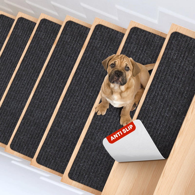 MBIGM 8" X 30" (15 in Pack) Non-Slip Carpet Stair Treads Non-Skid Safety Rug Slip Resistant Indoor Runner for Kids Elders & Pets with Reusable Adhesive - Black - Carpet Pads for Stairs - Image 1