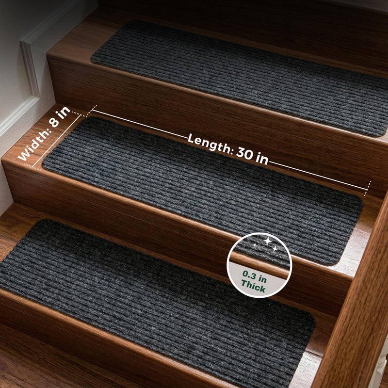 MBIGM 8" X 30" (15 in Pack) Non-Slip Carpet Stair Treads Non-Skid Safety Rug Slip Resistant Indoor Runner for Kids Elders & Pets with Reusable Adhesive - Black - Carpet Pads for Stairs - Image 2