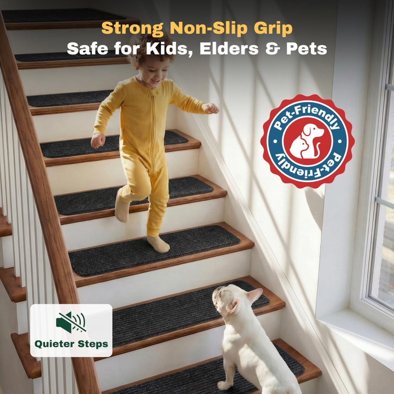 MBIGM 8" X 30" (15 in Pack) Non-Slip Carpet Stair Treads Non-Skid Safety Rug Slip Resistant Indoor Runner for Kids Elders & Pets with Reusable Adhesive - Black - Carpet Pads for Stairs - Image 4