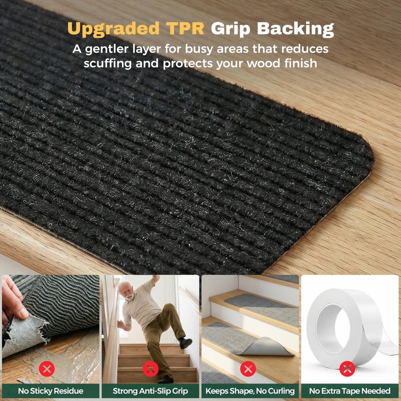 MBIGM 8" X 30" (15 in Pack) Non-Slip Carpet Stair Treads Non-Skid Safety Rug Slip Resistant Indoor Runner for Kids Elders & Pets with Reusable Adhesive - Black - Carpet Pads for Stairs - Image 5
