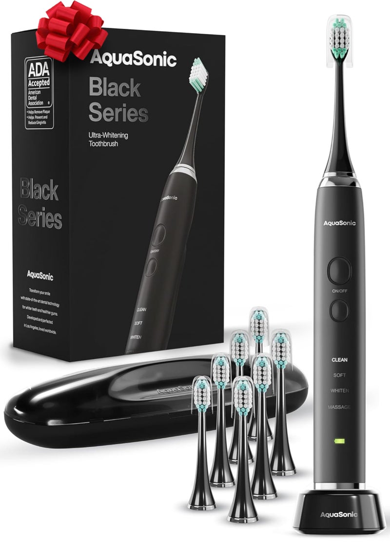 Aquasonic Black Series Ultra Whitening Toothbrush â€“ ADA Accepted Electric Toothbrush- 8 Brush Heads & Travel Case â€“ 40,000 VPM Electric Motor & Wireless Charging - 4 Modes w Smart Timer - Image 1