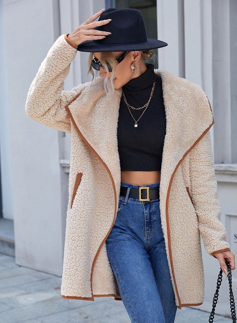 Loquat Large Lapel Irregular Reversible Plush Coat Beige - Image 3