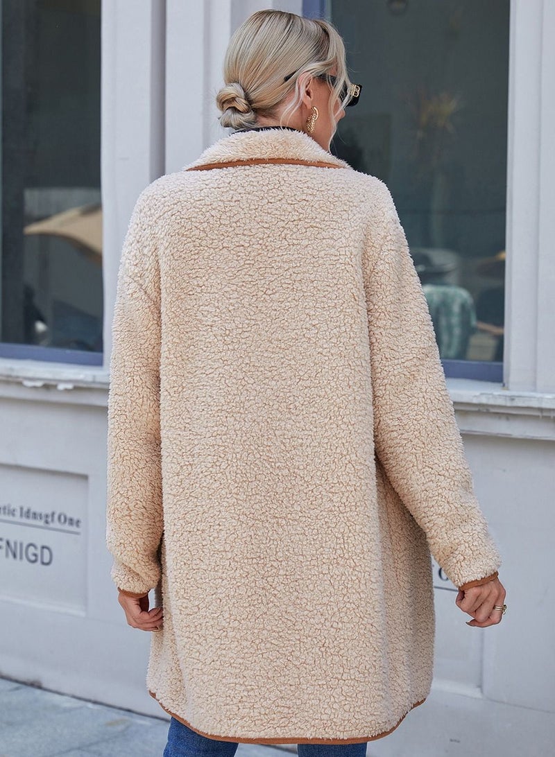 Loquat Large Lapel Irregular Reversible Plush Coat Beige - Image 2