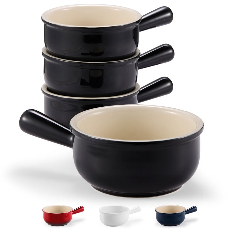 KooK French Onion Soup Bowls French Onion Soup Crocks Soup Bowl with Handles 15 oz Set of 4 Ceramic Bowls Microwave Dishwasher Safe  Oven Safe StonewareBlack