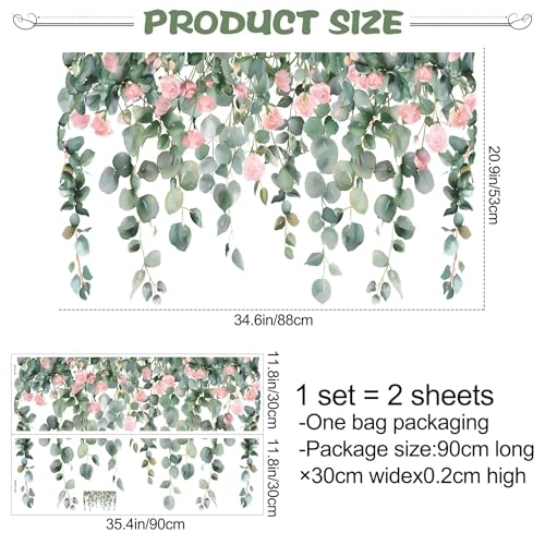 Buiory Removable Hanging Vine Floral Wall Stickers DIY Pink Flower Leaf Wall Decals Peel and Stick Green Plants Wall Murals for Baby Girls Nursery Bedroom Living Room Sofa TV Background - Image 2