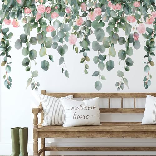 Buiory Removable Hanging Vine Floral Wall Stickers DIY Pink Flower Leaf Wall Decals Peel and Stick Green Plants Wall Murals for Baby Girls Nursery Bedroom Living Room Sofa TV Background - Image 1