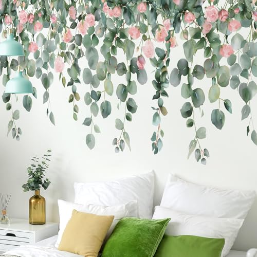 Buiory Removable Hanging Vine Floral Wall Stickers DIY Pink Flower Leaf Wall Decals Peel and Stick Green Plants Wall Murals for Baby Girls Nursery Bedroom Living Room Sofa TV Background - Image 4