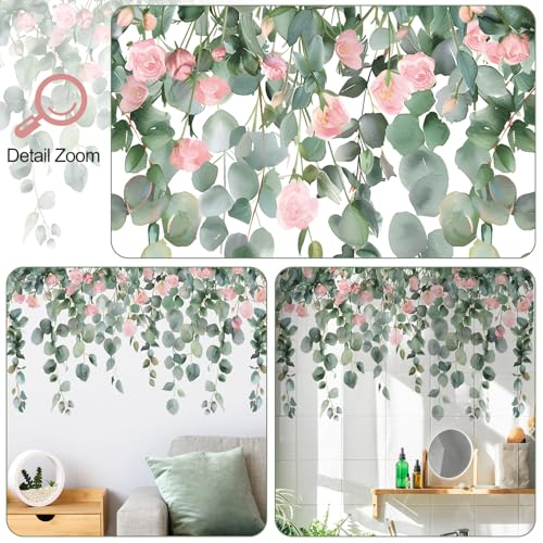 Buiory Removable Hanging Vine Floral Wall Stickers DIY Pink Flower Leaf Wall Decals Peel and Stick Green Plants Wall Murals for Baby Girls Nursery Bedroom Living Room Sofa TV Background - Image 3