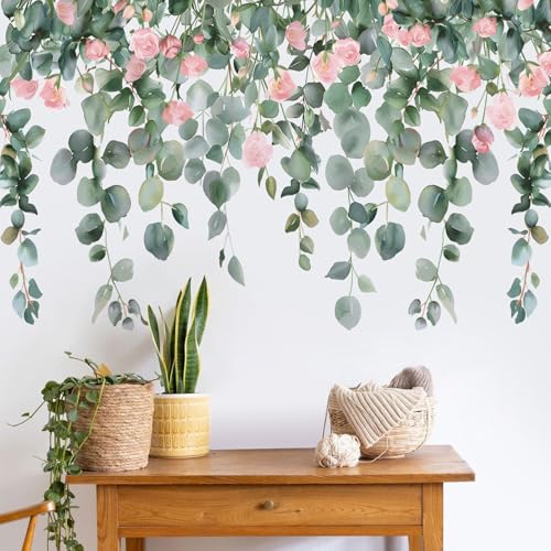Buiory Removable Hanging Vine Floral Wall Stickers DIY Pink Flower Leaf Wall Decals Peel and Stick Green Plants Wall Murals for Baby Girls Nursery Bedroom Living Room Sofa TV Background - Image 5