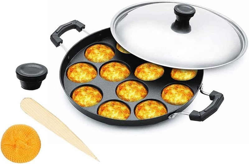 YADNESH YADNESH Nonstick Aluminum Appam Pan 12 Pits Includes Lid Easy to Clean Dimension Length 9 Width 9 Height 2 