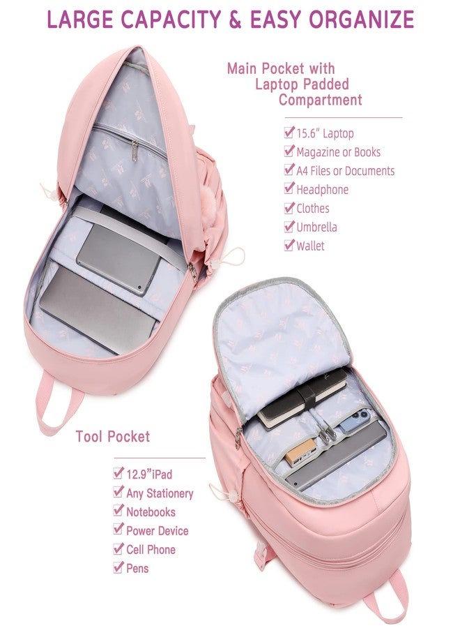LXYGD 3 PCS Laptop Backpack 15.6 Inch School Bag College Backpacks with Lunch Box Pencil Pouch Set Travel Bookbags for Teens Girls, Pink, Modern - Image 2