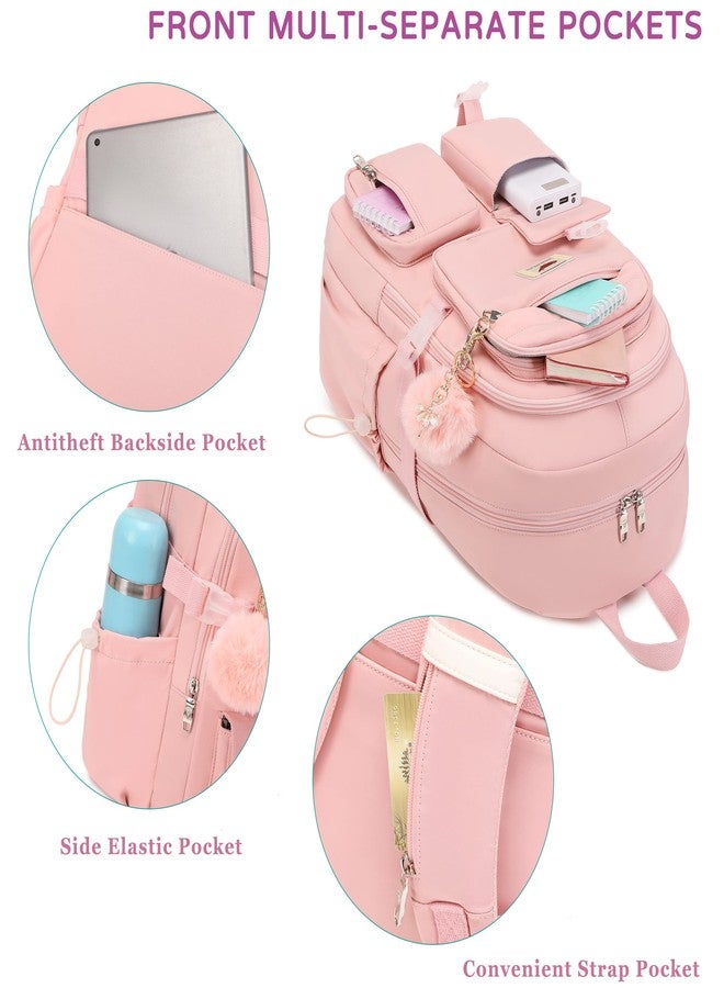 LXYGD 3 PCS Laptop Backpack 15.6 Inch School Bag College Backpacks with Lunch Box Pencil Pouch Set Travel Bookbags for Teens Girls, Pink, Modern - Image 3