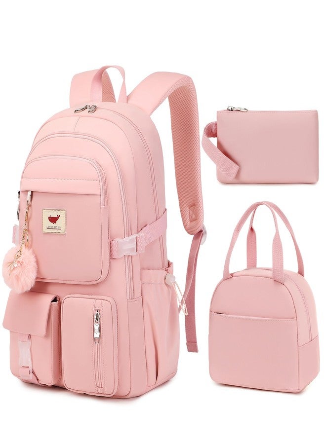 LXYGD 3 PCS Laptop Backpack 15.6 Inch School Bag College Backpacks with Lunch Box Pencil Pouch Set Travel Bookbags for Teens Girls, Pink, Modern - Image 1