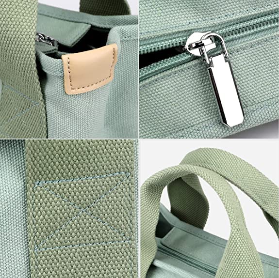 MINGRI Small Canvas Tote Bag for Women,Mini Totes Bags with Pockets, Cute Bible Handbag with Zipper Travel Top Handle Purse with Compartments Satchel Handbags for Work,Shopping,Beach,no Long Strap,Green - Image 4