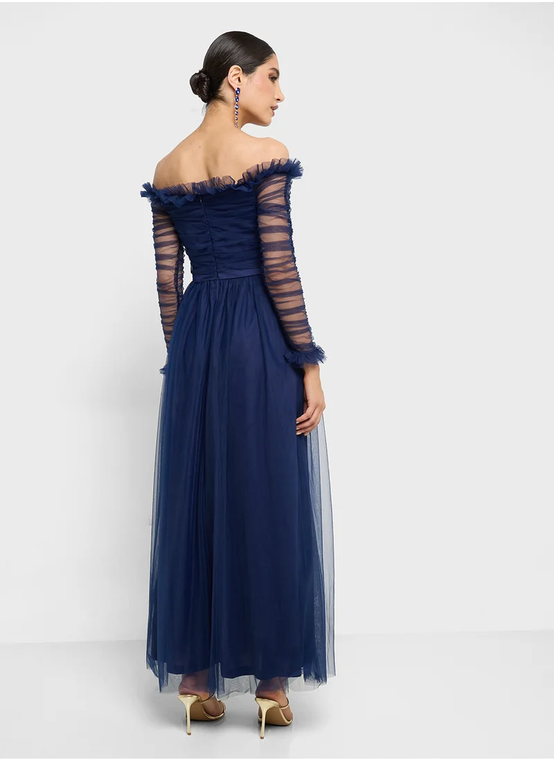 ELLA Off Shoulder Dress With Ruched Sleeves