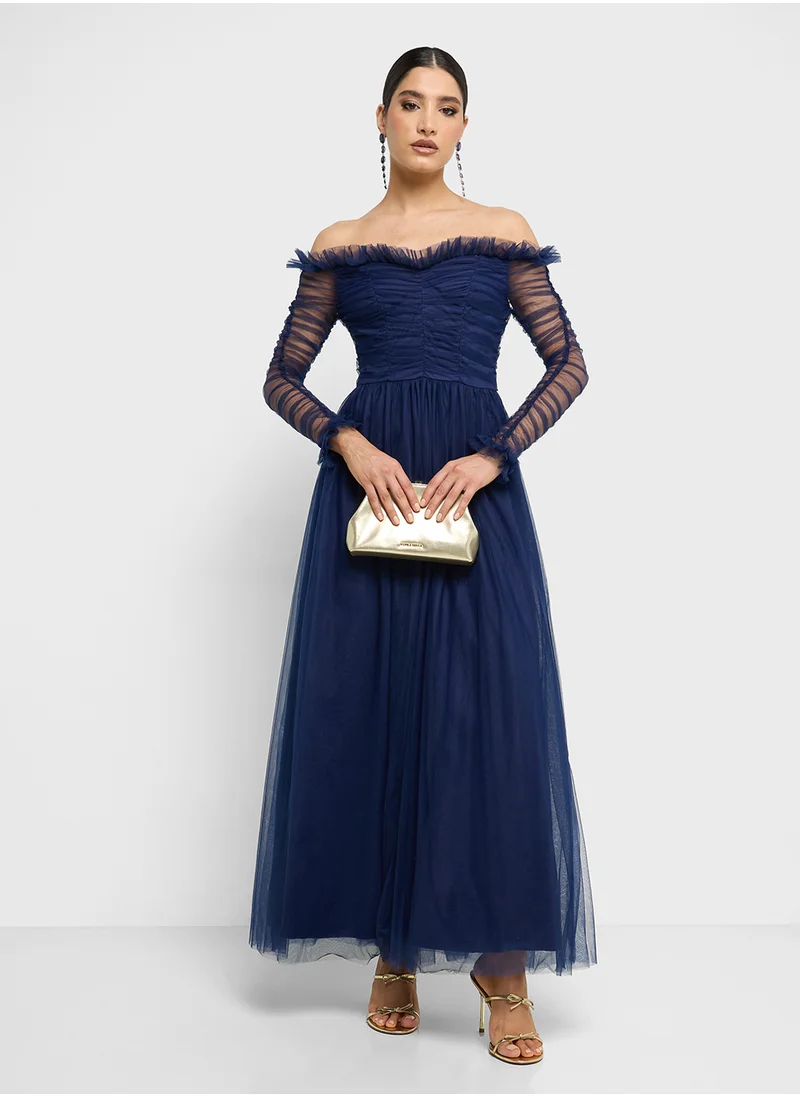 ELLA Off Shoulder Dress With Ruched Sleeves