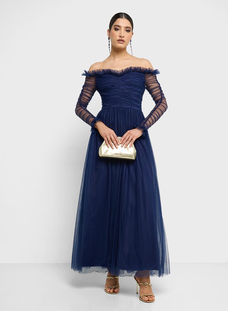 ELLA Off Shoulder Dress With Ruched Sleeves - Image 1