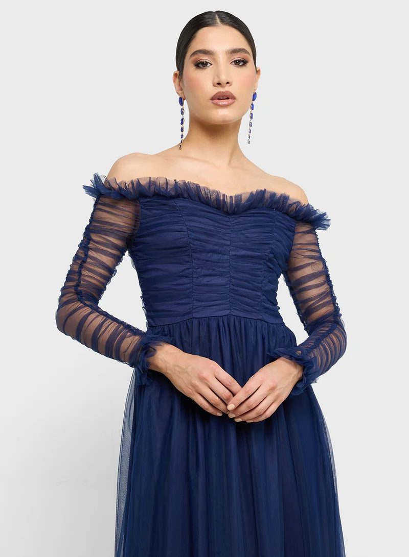 ELLA Off Shoulder Dress With Ruched Sleeves