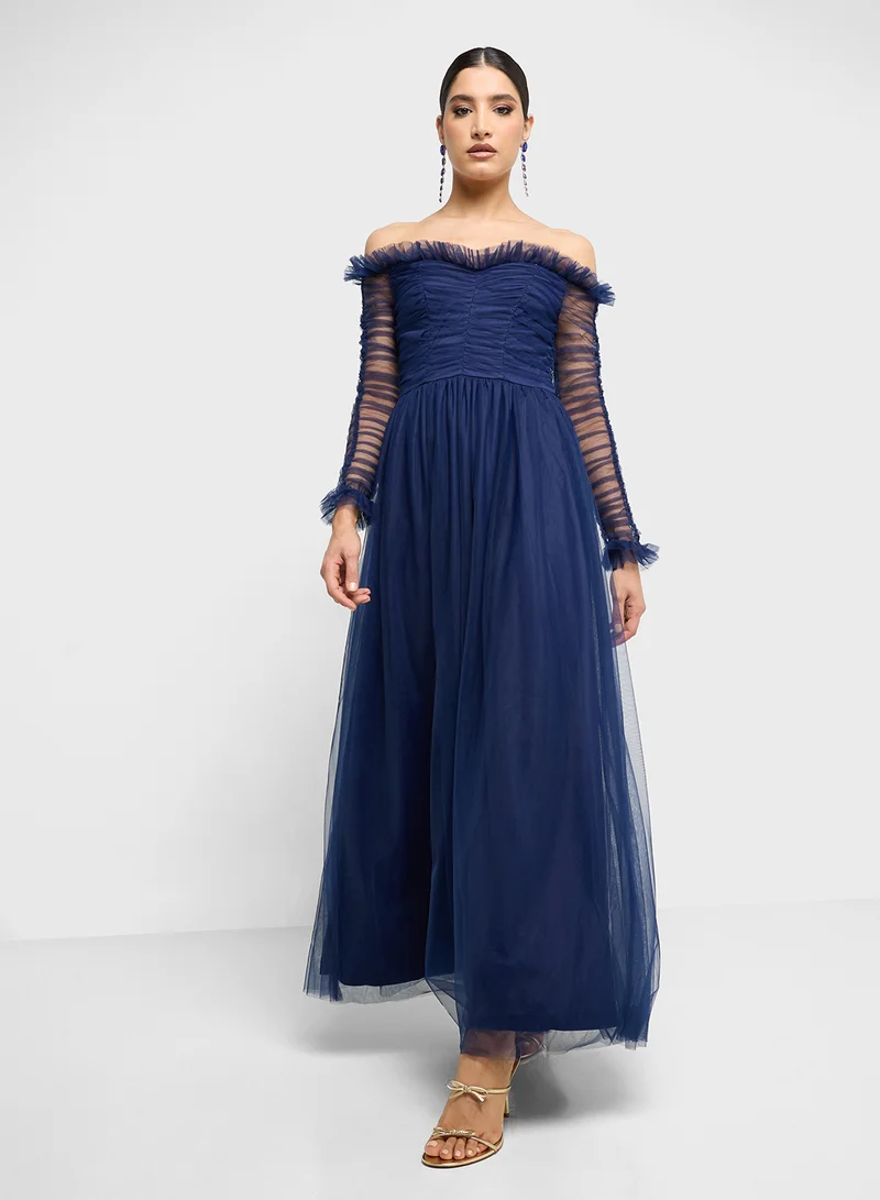 ELLA Off Shoulder Dress With Ruched Sleeves