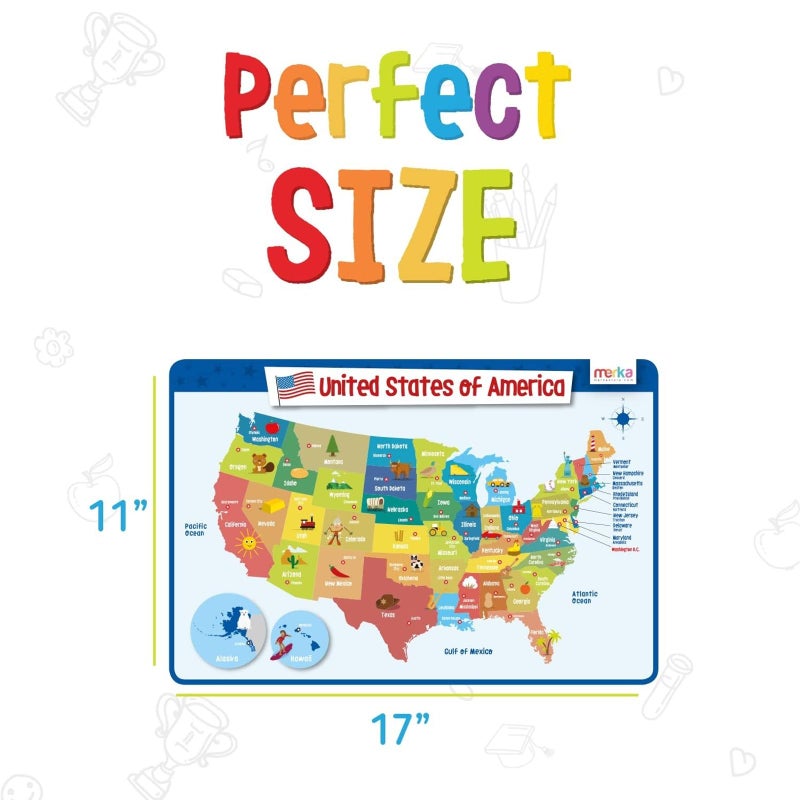 merka United States Map Placemat - 17 x 11 in, Laminated, Multicolor - Reusable Kids Dining Mat with Secure Backing & State Capitals Map - Image 4