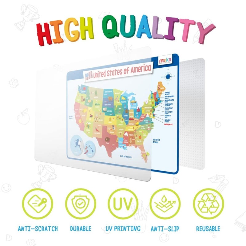 merka United States Map Placemat - 17 x 11 in, Laminated, Multicolor - Reusable Kids Dining Mat with Secure Backing & State Capitals Map - Image 2