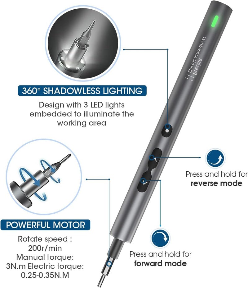 King'sdun Kingsdun Mini Electric Screwdriver, 62-in-1 Cordless Precision Set, 48 Bits, Rechargeable, LED Light, Magnetic Mat for Phones, PC, Laptops (62 in 1) Grey - Image 2