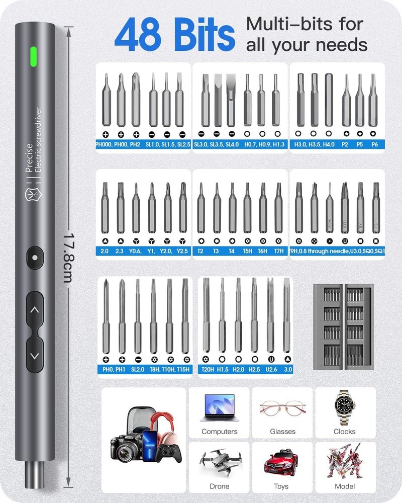 King'sdun Kingsdun Mini Electric Screwdriver, 62-in-1 Cordless Precision Set, 48 Bits, Rechargeable, LED Light, Magnetic Mat for Phones, PC, Laptops (62 in 1) Grey - Image 5