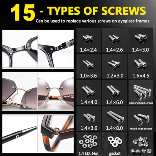 PTSLKHN Eyeglass Repair Kit with Screws, 15 Types Screws for Eyeglasses - Frame Screws, Hinge Screws, Nose Pads Screws - Essential Eye Glasses Repairing Kit Tool - Image 3
