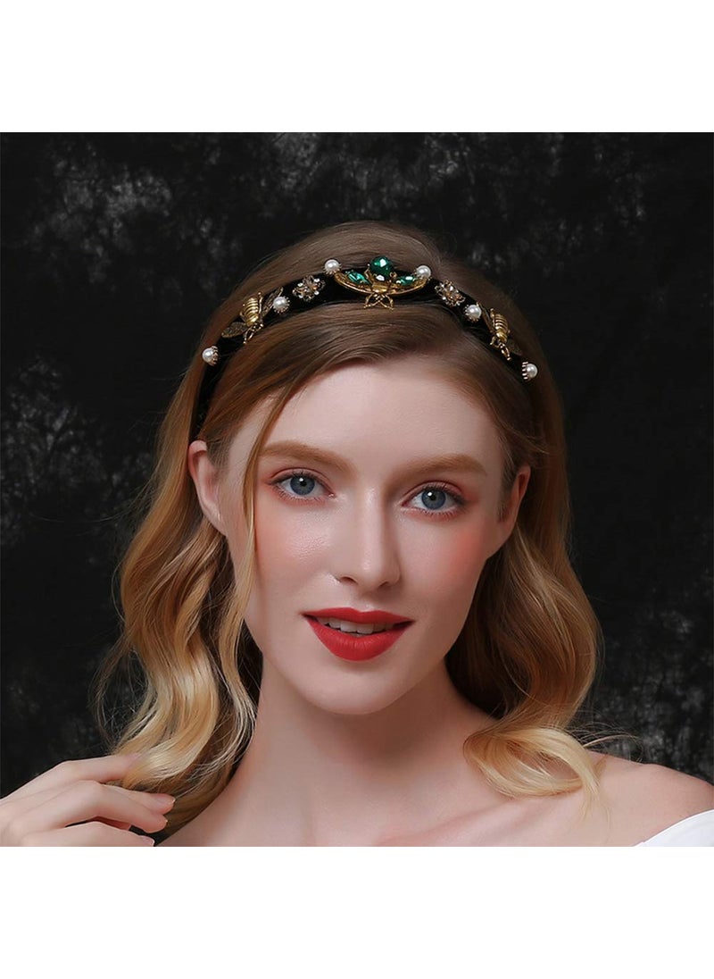 Aimimier - Aimimier Baroque Crystal Headband Bridal Vintage Pearl Gemstone Bee Embellished Tiara Crown Luxury Wide Velvet Hair Hoop for Wedding - Image 1