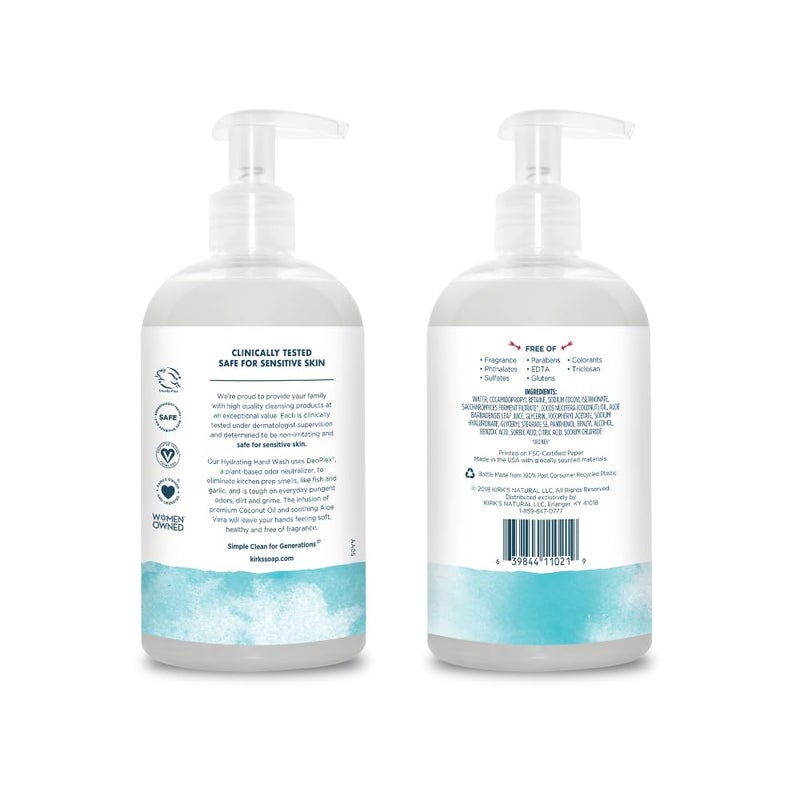 Kirk's Hydrating Hand Wash - Made with Coconut Oil and Aloe Vera, With Odor Neutralizing Technology To Help Eliminate Odors, Non-GMO, Vegan, Fragrance Free, 12 Fl Oz. - Image 2