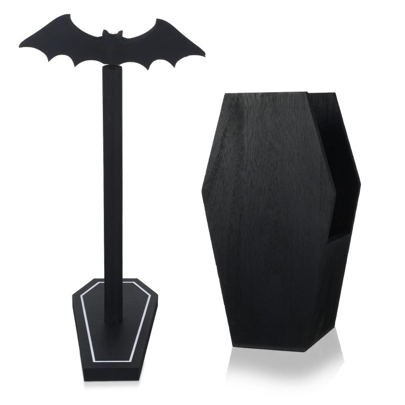 Uiifan Halloween Paper Towel Holder Bat Paper Towel Holder Coffin Kitchen Utensil Holders Gothic Kitchen Accessories Black Wood Spooky Gothic Halloween Decor for Home Table Bathroom Gifts Decoration