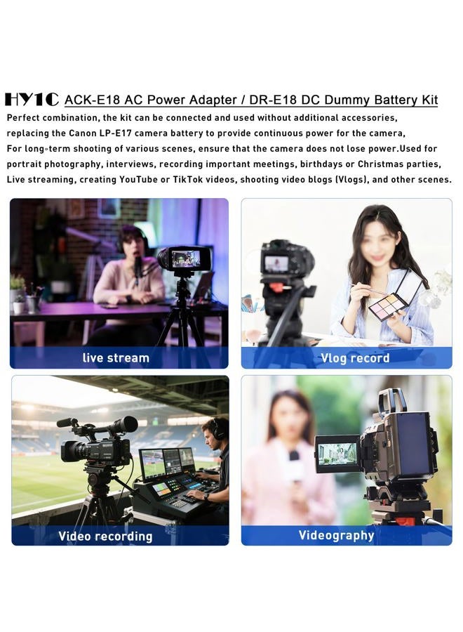 HY1C ACK-E18 AC Power Adapter DR-E18 DC Coupler LP-E17 Dummy Battery Kit for Canon EOS Rebel T6i T7i SL2 SL3 RP R8 R10 R50 R100 T8i T6s 77D 200D 250D 750D 760D 800D 850D 8000D Cameras - Image 3