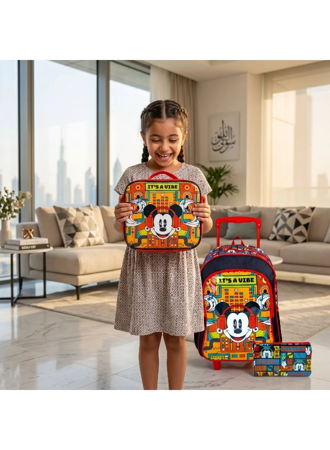 Disney  Mickey Mouse  16 Inch Kids 3-in-1 Trolley School Bag Set - Ergonomic Backpack, Insulated Lunch Bag & Pencil Case,Lightweight, Durable, Students 6+ - Perfect for Travel & School,For Boys  | Best Price UAE