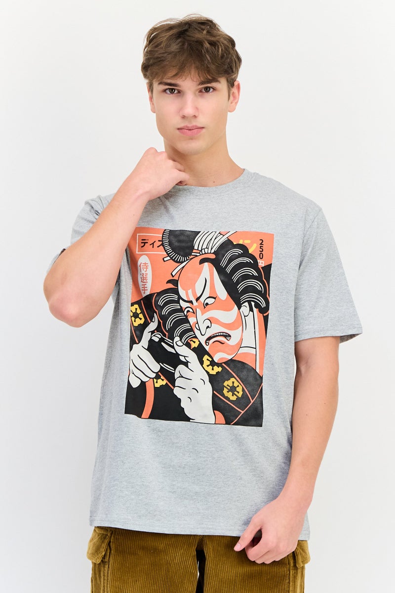 YOTO Men Crew Neck Short Sleeves Graphic Print T-Shirt, Grey - Image 1