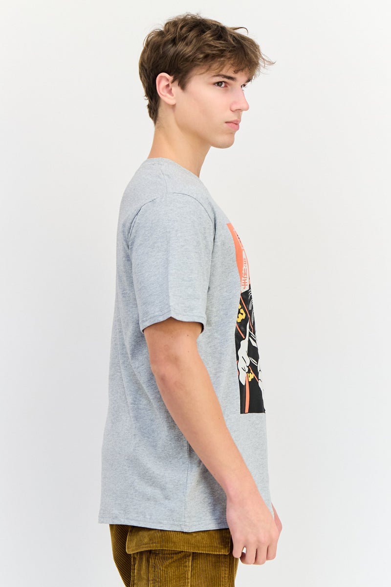 YOTO Men Crew Neck Short Sleeves Graphic Print T-Shirt, Grey - Image 2