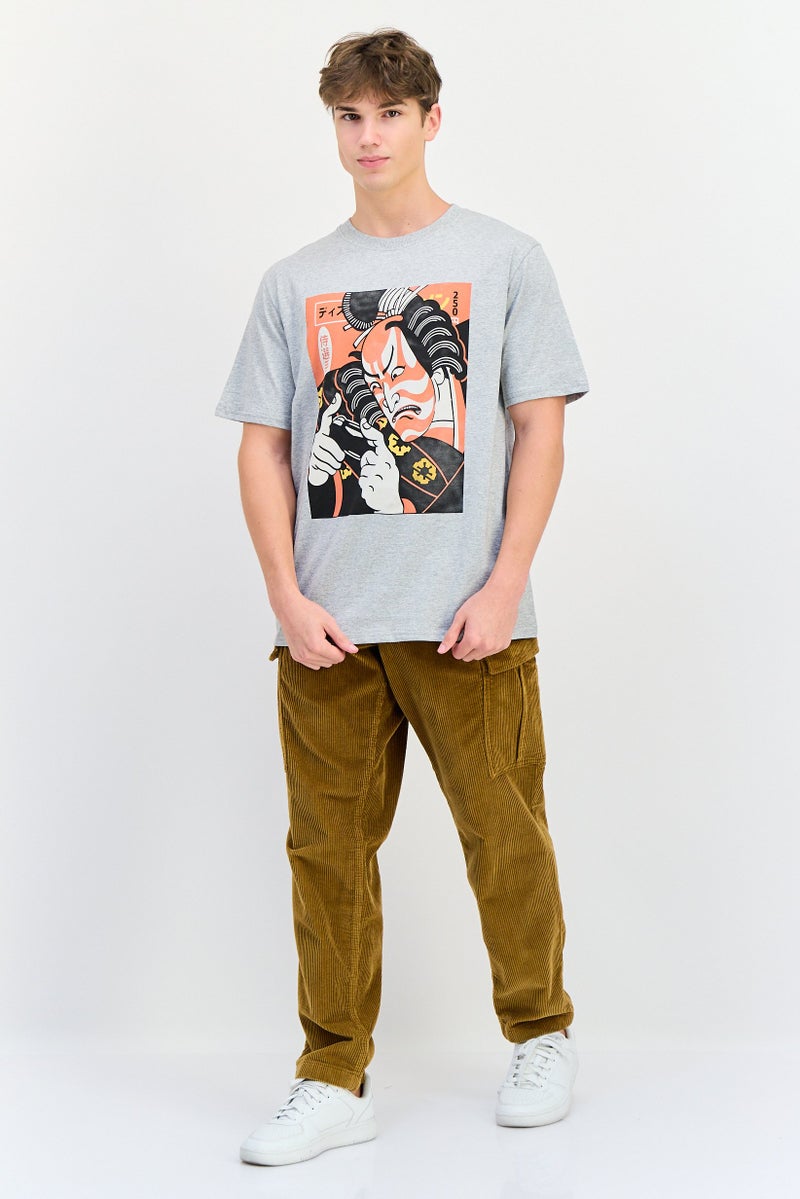 YOTO Men Crew Neck Short Sleeves Graphic Print T-Shirt, Grey - Image 4