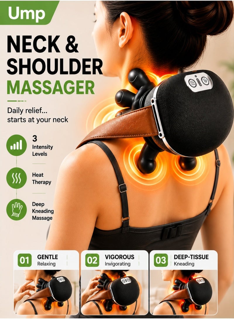 Ump Neck Massager with Heat, Rechargeable 4D Shiatsu Back & Shoulder Massager, Deep Tissue Kneading Massage with 3 Speeds for Pain Relief, Portable Travel Massager for Home Office Car, Gift for Men Women - Image 1