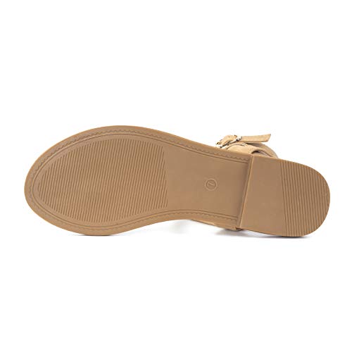 Colgo Thong Flat Sandals, Casual Women T-Strap Dress Sandals with Adjustable Ankle Buckle for Summer Wedding (Light Brown/Sdl,7.5) - Image 5