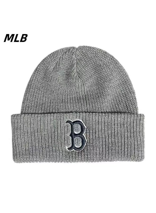 MLB Knitted Beanie, Boston Red Sox B Logo Embroidered Gray Woolen Hat, Unisex Trendy Brand Warm Skull Cap