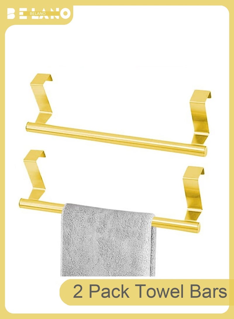 BELANO 2 Pack Over Cabinet Door Towel Bars with Hooks Stainless Steel Gold Towel Holders Kitchen Bathroom Organizer - Image 1
