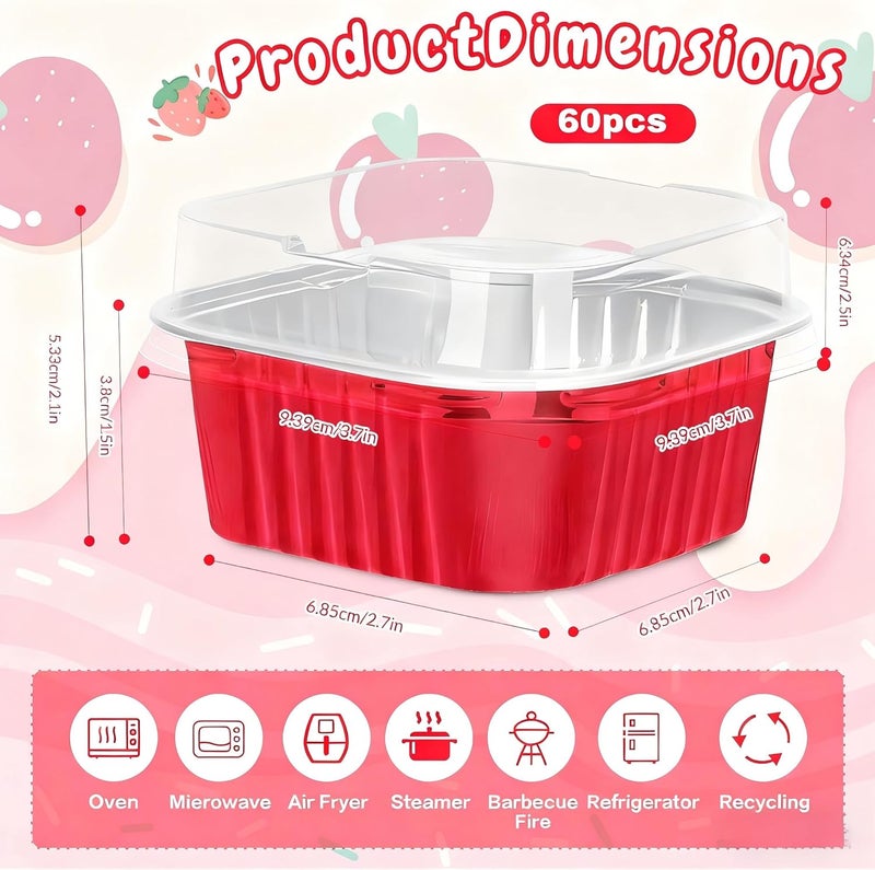 ylnurac 60Pack 5oz Christmas Mini Cake Pans with Lids Baking Cups Aluminum Foil Pans Tins, Individual Dessert Cups Containers for Sales,Party,Picnics Red - Image 3
