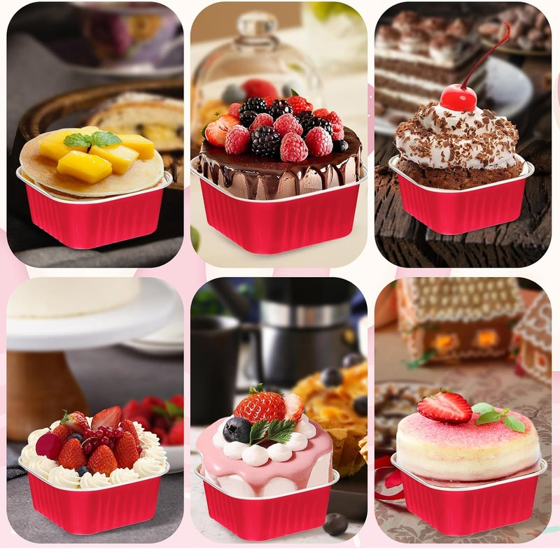ylnurac 60Pack 5oz Christmas Mini Cake Pans with Lids Baking Cups Aluminum Foil Pans Tins, Individual Dessert Cups Containers for Sales,Party,Picnics Red - Image 4