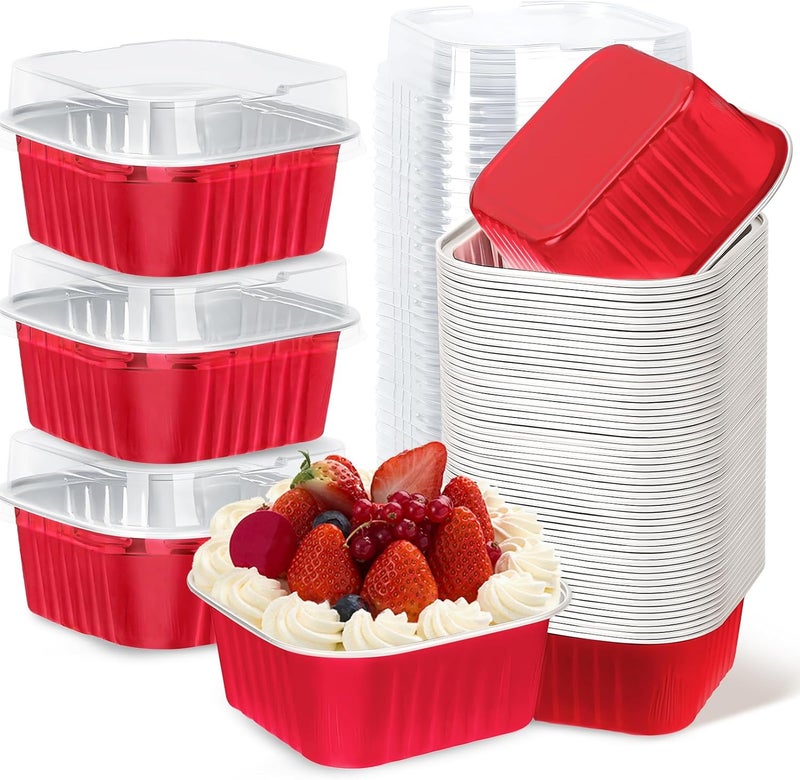 ylnurac 60Pack 5oz Christmas Mini Cake Pans with Lids Baking Cups Aluminum Foil Pans Tins, Individual Dessert Cups Containers for Sales,Party,Picnics Red - Image 1