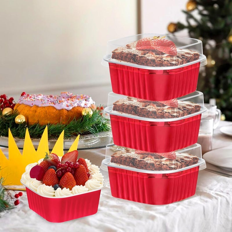 ylnurac 60Pack 5oz Christmas Mini Cake Pans with Lids Baking Cups Aluminum Foil Pans Tins, Individual Dessert Cups Containers for Sales,Party,Picnics Red - Image 2